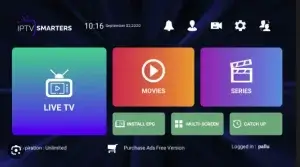 IPTV Smarters Pro Startbilde med alternativer for live-TV, film, serier og EPG-installasjon